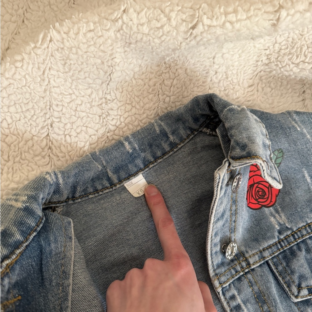 Mega Cropped Denim Jacket with Rose Embroidery by Lulu Simone - Picture 8 of 14